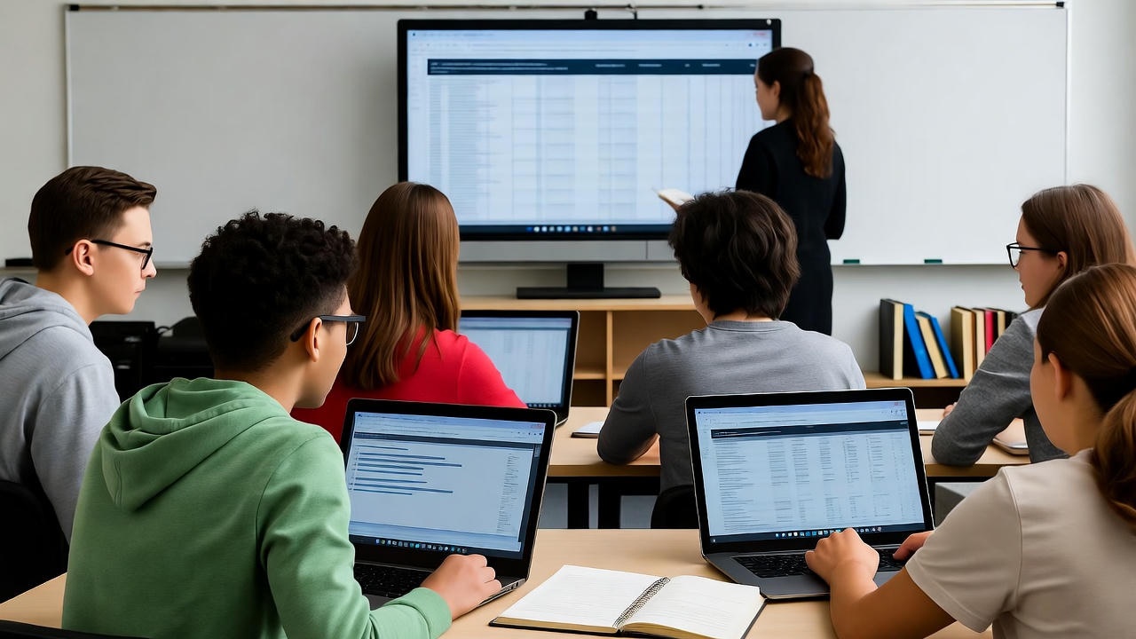 Students attending a classroom session with laptops open, focusing on a teacher presenting data on a large digital screen at the front, surrounded by notebooks, desks, and shelves with folders, representing a modern technology-driven learning environment.